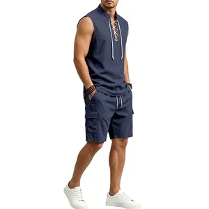 Men's casual navy blue linen sleeveless lace-up shirt and cargo shorts two-piece summer set