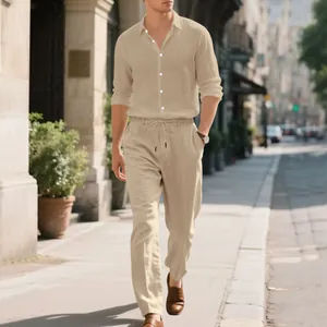 Men's Casual Linen Long Sleeve Button Up Shirt And Drawstring Pants Top And Bottom Breathable Solid Color Lightweight Outfit