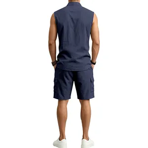 Back view detail of men's navy blue breathable linen sleeveless shirt and cargo shorts set