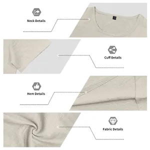 Dettagli macro di collo, polsino, orlo e trama fiammata della t-shirt in lino da uomo