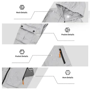 Detailansichten des grauen Fleece-Hoodie-Sets: Ausschnitt, Taschen und Saum.