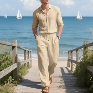 Men's casual beige linen two-piece set featuring long sleeve shirt and drawstring pants