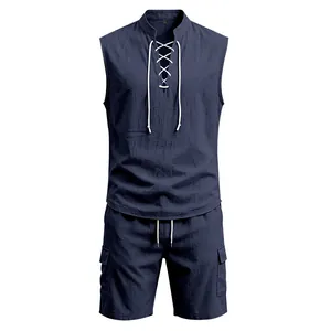 Front view of men's sleeveless navy linen shirt and matching cargo shorts set