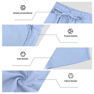 Detailansichten von blauen Leinenshorts mit Bund, Tasche und Stoffstruktur