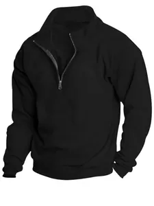 Men's minimalist black fleece sweatshirt with half-zip stand collar and long sleeves