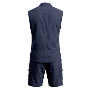 Detailed rear view of breathable navy blue linen sleeveless shirt and cargo shorts set