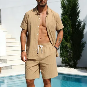 Men's two-piece linen striped shirt and shorts set in khaki for a casual summer beach look