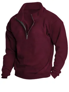 Men's burgundy fleece quarter-zip sweatshirt with stand collar design