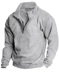 Men's light gray half-zip stand collar sweatshirt with warm fleece lining for winter
