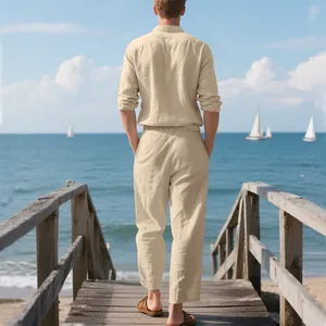 Men's beige cotton linen two-piece set featuring long sleeve shirt and matching trousers