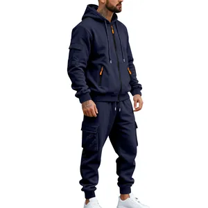 Dunkelblauer Herren Fleece-Trainingsanzug mit Kapuze und orangefarbenen Reißverschlüssen