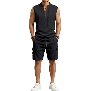 Men's sleeveless lace-up linen shirt and cargo shorts summer set in black
