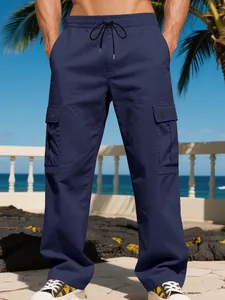 Men's Outdoor Cargo Pants Loose Casual Solid Color Multi-Pocket Woven Polyester Trousers With Drawstring Waist Fall Fashion Bottom