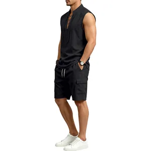 Full body detail of men's sleeveless black lace-up shirt and cargo shorts summer set.