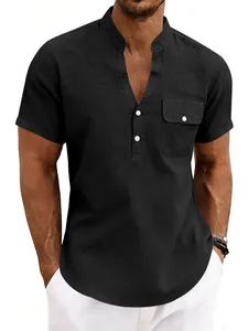 Premium black linen casual Henley shirt for men featuring short sleeves and buttoned pocket