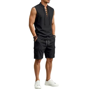Full view of men's black sleeveless linen lace-up shirt and cargo shorts summer set