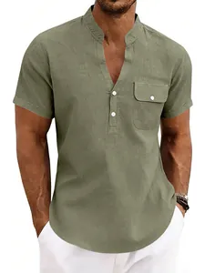 Men's casual olive green linen short sleeve Henley shirt with button neck and pocket