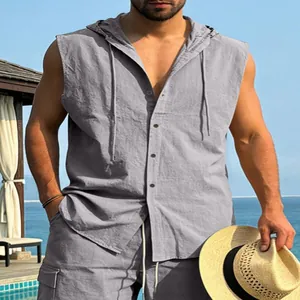 Men's casual linen hooded sleeveless shirt and shorts set for summer beach resort