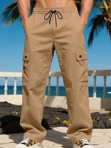 Men's loose fit khaki cargo pants with drawstring waist and flap side pockets