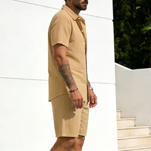 Side profile view of men's beige striped linen short-sleeve shirt and shorts set outfit