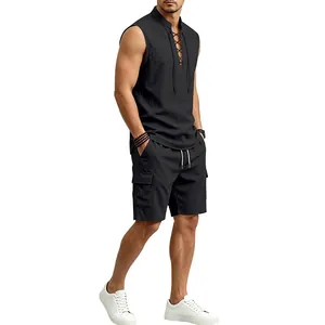 Close-up view of a men's black sleeveless lace-up shirt and matching cargo shorts outfit set