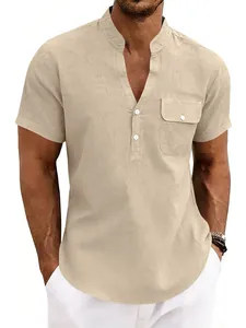 Men's casual linen short sleeve Henley shirt with a front pocket and stand collar in beige