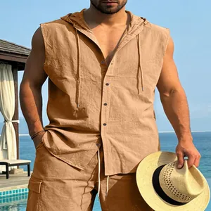 Men's casual linen hooded sleeveless shirt and matching shorts set for beach resort