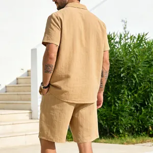 Rear view of a men's khaki striped linen shirt and matching shorts set outdoors
