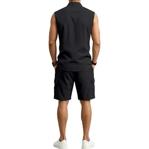 Rear view of a black sleeveless linen shirt and matching cargo shorts set for men