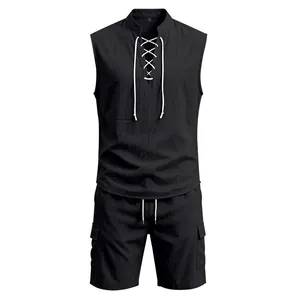 Detailed view of men's black linen sleeveless lace-up shirt and cargo shorts set