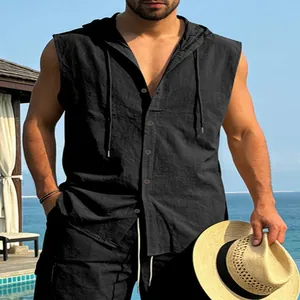 Casual men's black linen hooded sleeveless shirt perfect for a beach vacation look