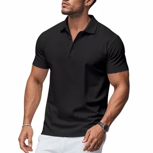 Detailed view of a breathable black quick-dry polo shirt for men in casual outdoor style