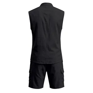 Back view of men's linen sleeveless shirt and cargo shorts set in black color