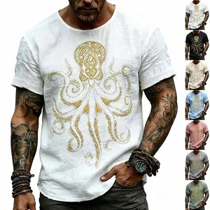 Maglietta da Uomo Estiva Casual Effetto Lino Slub Girocollo Manica Corta Stampa Polpo in Foglia d'Oro Top Poliestere