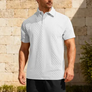 Men's white short sleeve polo shirt with breathable jacquard texture and classic collar