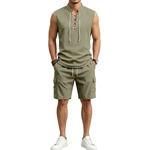 Men's summer linen-like sleeveless lace-up shirt and cargo shorts set in olive green
