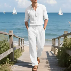 Men's white linen long sleeve shirt and trousers set for casual summer beach vacation wear