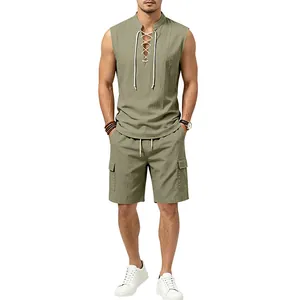 Detailed view of men's olive linen sleeveless lace-up shirt and cargo shorts set