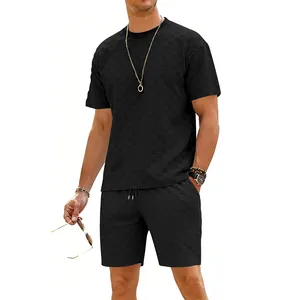 Schwarzes Herren-Set mit Schachbrettmuster, T-Shirt und Shorts, Freizeitanzug