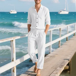 Men's casual white linen two-piece set with long-sleeved shirt and drawstring pants