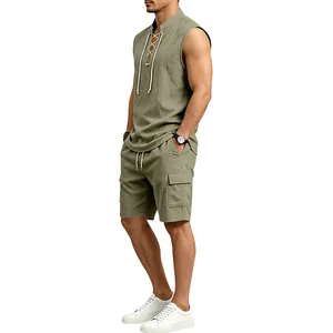 Side view of men's sage green sleeveless linen shirt and matching cargo shorts set
