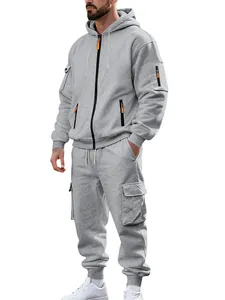 Grauer Herren-Fleece-Trainingsanzug 2-Teiler mit Kapuze und Cargotaschen für den Winter