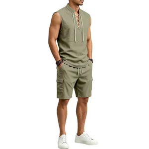 Men's linen 2-piece set with sleeveless lace-up shirt and cargo shorts in olive green.
