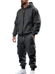 Stilvoller grauer Herren-Fleece-Trainingsanzug mit Kapuze und orangefarbenen Akzenten
