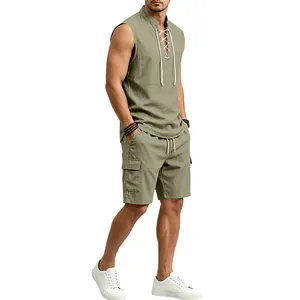 Detailed side view of mens summer linen set featuring sleeveless lace-up top and cargo shorts