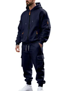 Dunkelblauer Herren Winter-Trainingsanzug mit Fleece-Futter und Cargo-Jogginghose