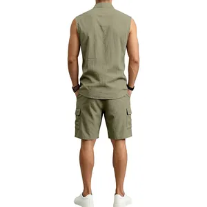 Detailed back view of men's summer sleeveless linen shirt and matching cargo shorts in sage green