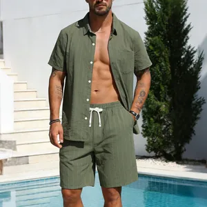 Men's olive green striped linen shirt and shorts set for summer leisure