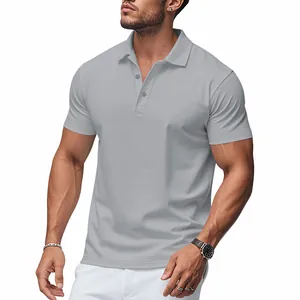 Detail view of men's athletic fit grey polo shirt with breathable quick-dry fabric.