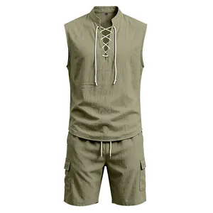 Men's summer linen set featuring a sleeveless lace-up shirt and cargo shorts.